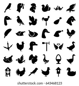 Bird icons set. set of 36 bird filled icons such as chicken, goose, turkey, dove, eagle, footprint of  icobird, rooster, parrot, sparrow, duck, wings, meat leg, weather vane