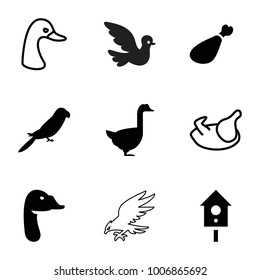 Bird icons. set of 9 editable filled and outline bird icons such as parrot, goose, meat leg, chicken, eagle, bird