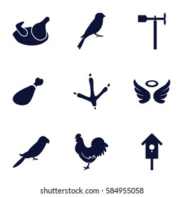 bird icons set. Set of 9 bird filled icons such as chicken, footprint of  icobird, parrot, sparrow, wings, meat leg, weather vane