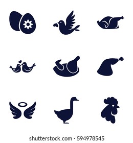 bird icons set. Set of 9 bird filled icons such as chicken, rooster, goose, wings, meat leg, lovebirds, love bird
