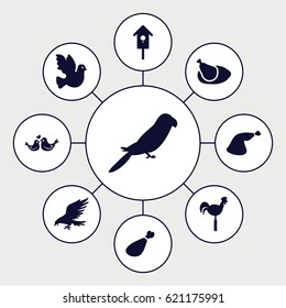 Bird icons set. set of 9 bird filled icons such as eagle, parrot, meat leg, weather vane, nesting house, lovebirds, chicken