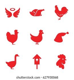 Bird icons set. set of 9 filled icons such as chicken, rooster, goose, wings, meat leg