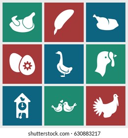 Bird icons set. set of 9 bird filled icons such as chicken, turkey, goose, lovebirds, easter egg, cuckoo clock