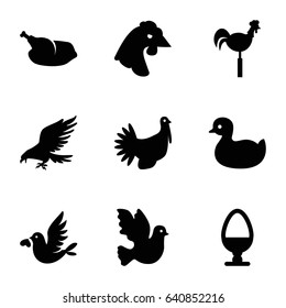 Bird icons set. set of 9 bird filled icons such as eagle, chicken, duck, weather vane, turkey