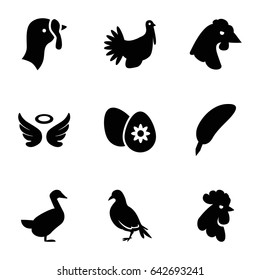 Bird icons set. set of 9 bird filled icons such as turkey, dove, rooster, chicken, goose, wings, easter egg