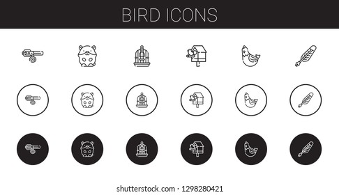 bird icons set. Collection of bird with collar, hamster, bird cage, birdhouse, hen, quill. Editable and scalable icons.