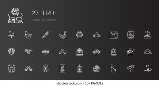 bird icons set. Collection of bird with duck, cage, dinosaur, walrus, love birds, hamster, bird cage, chick, nest, collar, turkey, wedding day. Editable and scalable icons.