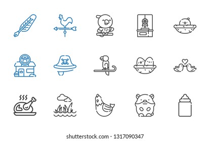 bird icons set. Collection of bird with feeder, hamster, hen, lawn, turkey, love birds, nest, parrot, pirate, pet shop, chick, dreamcatcher. Editable and scalable bird icons.