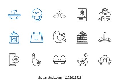 bird icons set. Collection of bird with love birds, swan, organic eggs, duck, social media, feathers, bird cage, pigeon, wedding day, cage, pet shop. Editable and scalable bird icons.