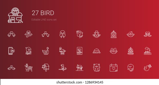 bird icons set. Collection of bird with wedding day, hamster, chameleon, parrot, birdhouse, rotisserie, love birds, nest, pet food, dinosaur. Editable and scalable bird icons.