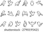 Bird icons set line art vector illustrations of various birds flying sitting on branch and eating seeds