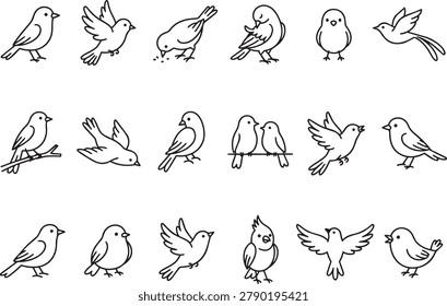 Bird icons set line art vector illustrations of various birds flying sitting on branch and eating seeds