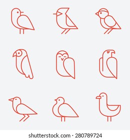 Bird icons, thin line style, flat design