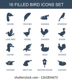 bird icons. Trendy 16 bird icons. Contain icons such as goose, feather, chicken, sparrow, love bird, eagle, duck, meat leg, nesting house. bird icon for web and mobile.