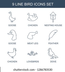 bird icons. Trendy 9 bird icons. Contain icons such as goose, chicken, nesting house, meat leg, feather, lovebirds, dove. bird icon for web and mobile.
