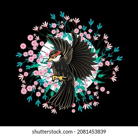 bird illustration design for sukajan is mean japan traditional cloth or t-shirt with digital hand drawn Embroidery Men T-shirts Summer Casual Short Sleeve Hip Hop T Shirt Streetwear
