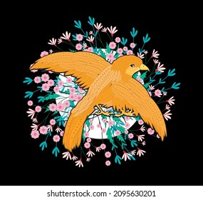 bird illustration design for sukajan is mean japan traditional cloth or t-shirt with digital hand drawn Embroidery Men T-shirts Summer Casual Short Sleeve Hip Hop T Shirt Streetwear