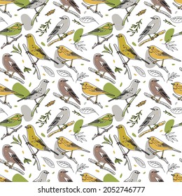 Bird illustration seamless pattern. Collection of cute hand drawn bird doodles. Line style in minimalism on white vector picture