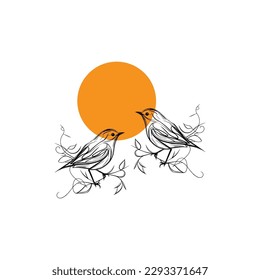 Bird illustration with simple lines, vector. Two birds silhouettes on branch on sunset. Minimalist poster design. 