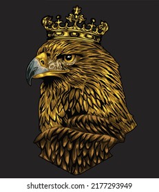 bird illustrations. eagle with crown isolated on black background. Vector illustration.