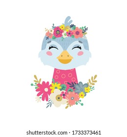 Bird Illustrations with flowers. Vector child decoration. Background illustration for kids.