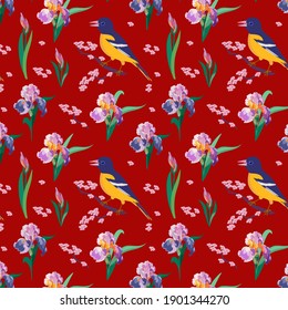 Bird and iris pattern on red background for textiles and wrapping paper