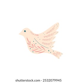 Bird isolated on white background. Floral decorated pigeon in folk style. Vector hand drawn flat illustration