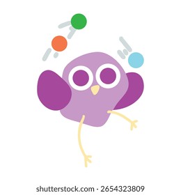 Bird juggling balls in circus act trick. Working concentration, motor skills, or multitasking concept. Colorful vector illustration. Cartoon Bird circus juggler character juggle with colorful balls.
