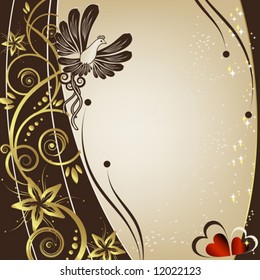 Bird and kerb decorated with beige patterns of flowers leaves spirals isolated on a white background VECTOR (See Jpeg Also In My Portfolio)