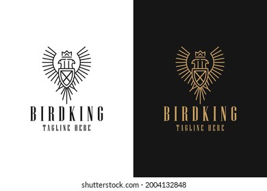 Monoline-Logo-Design von Bird King. Adler-Vogelflügel mit Krone. mit Line Art Style