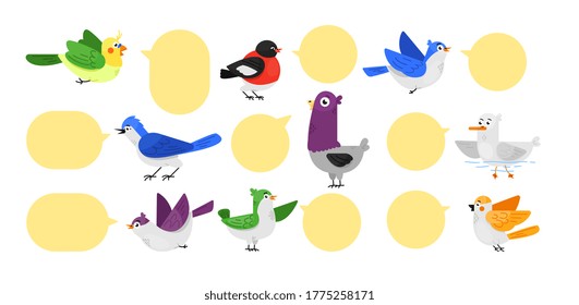 Bird label set. Isolated cute bird animal cartoon character with blank speech bubble icon collection. Vector message label communication illustration