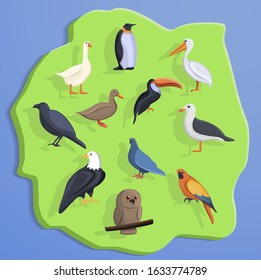 Bird land concept background. Cartoon illustration of bird land vector concept background for web design
