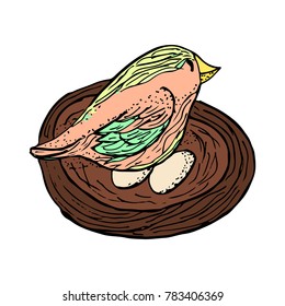 The bird lays eggs vector illustration. Doodle style. Design, print, decor, textile, paper