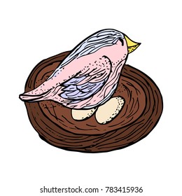 The bird lays eggs vector illustration. Doodle style. Design, print, decor, textile, paper