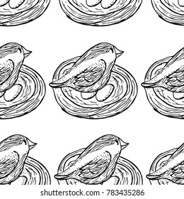 The bird lays eggs vector illustration. Doodle style. Design, print, decor, textile, paper