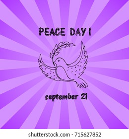 Bird with leaf flying silhouette, hand drawn sketch of dove holding branch in beak vector illustration isolated on purple background with rays