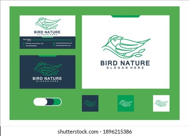 bird leaf logo design with line style and business card