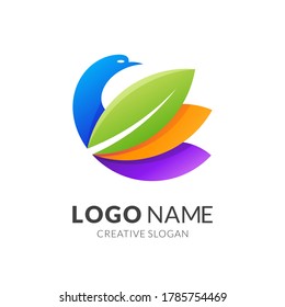 diseño de logotipo de pájaro y hoja, estilo de logotipo 3d moderno en colores vivos degradados