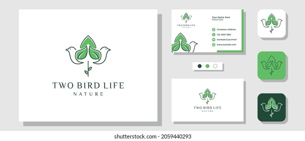 Bird Leaf Nature Green Flower Tulip Plant Illustration Logo Design with Layout Template Business Card