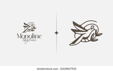 Bird with Leaf Plant monoline. Universal creative premium symbol. Vector sign icon logo template. Vector illustration