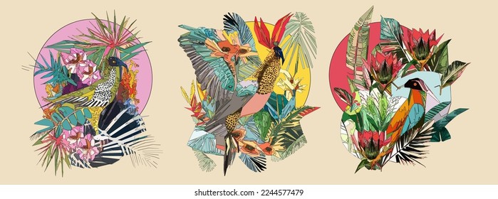 Bird with leaves, flowers, tree branch and sun on light beige background. Colorful illustration.