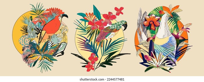 Bird with leaves, flowers, tree branch and sun on light beige background. Colorful illustration.