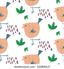 Bird and leaves with hand drawn elements. Vector pattern. Cute illustration in pastel palette