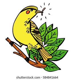 Bird. Leaves. Vector graphic art.