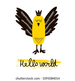 Bird and lettering: Hello world. Vector illustration for t-shirts design, poster, and print