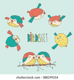 Bird lettering with set of different birds from different sides. Vector illustration