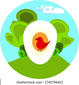 Bird life illustration, vector emblem for bird watching societies, wild forest hiking or nature protection organizations. Simple flat illustration of a bird in an egg
