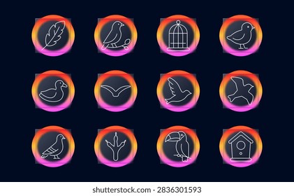 Bird life set icon. Elegant outline collection with feather, songbird, cage, chick, duck, flying silhouette, soaring bird, pigeon, twig, toucan, birdhouse.