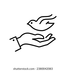 Bird (lightweight feather) in hand. Care save icon.  Simple vector symbol for web and mobile app. Graphic flat line sign isolated on white.