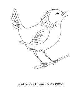 Bird line art. Singing bird sitting on branch. Hand drawn sketch vector illustration on white background. Black & white.